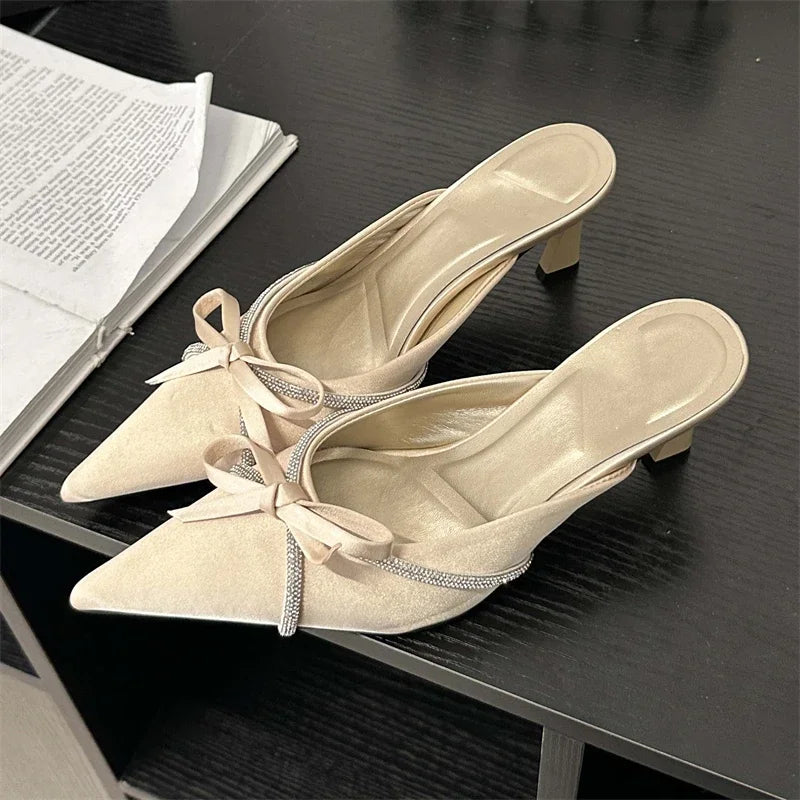 Butterfly-knot Slippers Design Style Pointed Toe Mules Slides Shoes Low Heel Pumps