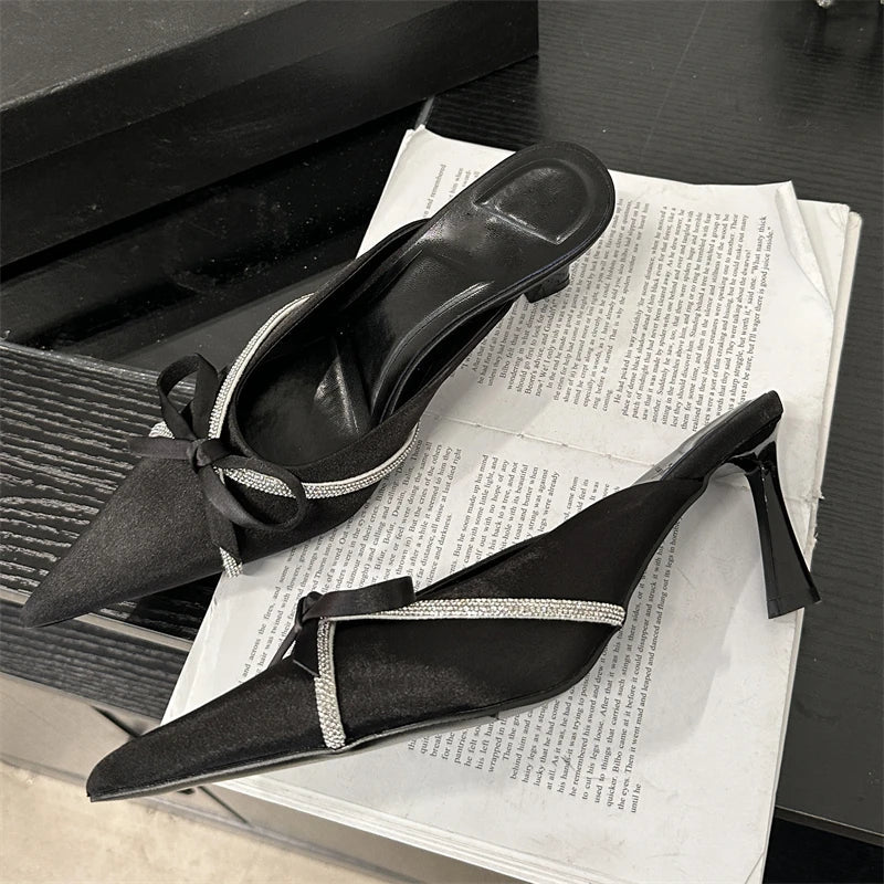 Butterfly-knot Slippers Design Style Pointed Toe Mules Slides Shoes Low Heel Pumps