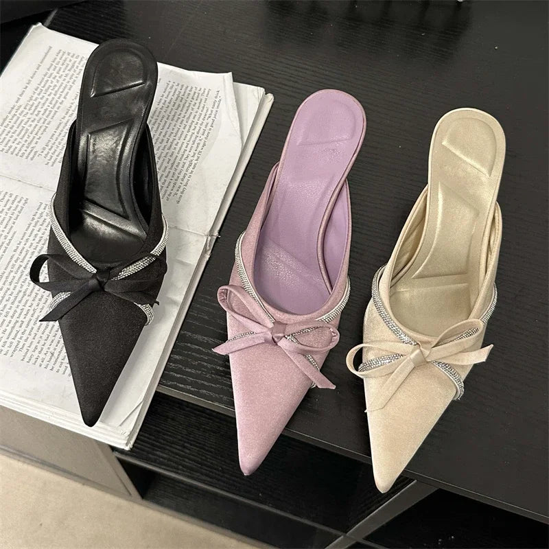 Butterfly-knot Slippers Design Style Pointed Toe Mules Slides Shoes Low Heel Pumps