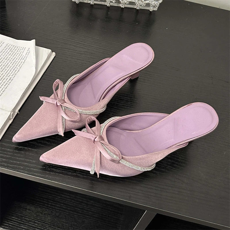 Butterfly-knot Slippers Design Style Pointed Toe Mules Slides Shoes Low Heel Pumps