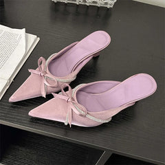 Butterfly-knot Slippers Design Style Pointed Toe Mules Slides Shoes Low Heel Pumps