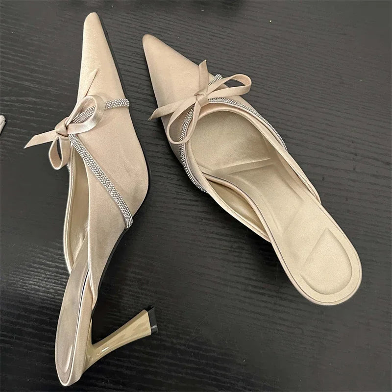 Butterfly-knot Slippers Design Style Pointed Toe Mules Slides Shoes Low Heel Pumps