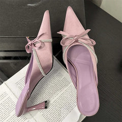 Butterfly-knot Slippers Design Style Pointed Toe Mules Slides Shoes Low Heel Pumps