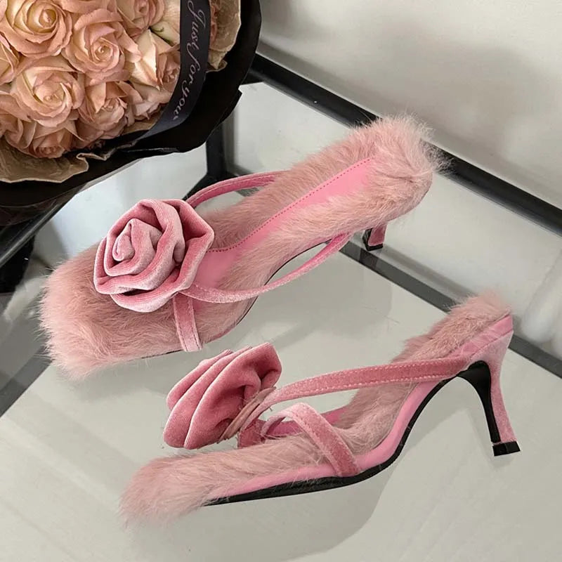 Corduroy Faux Fur Slippers Square Toe Highs Slides Outdoor Banquet Shoes Low Heel Pumps