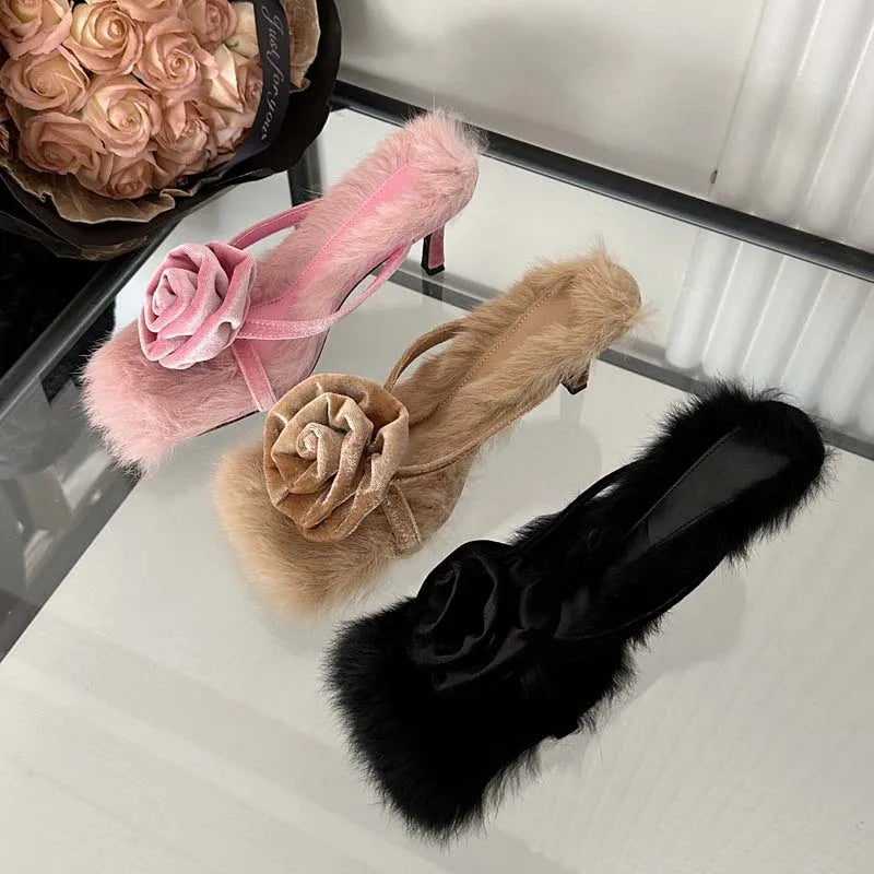 Corduroy Faux Fur Slippers Square Toe Highs Slides Outdoor Banquet Shoes Low Heel Pumps