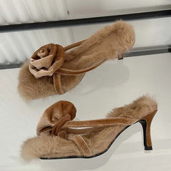 Corduroy Faux Fur Slippers Square Toe Highs Slides Outdoor Banquet Shoes Low Heel Pumps