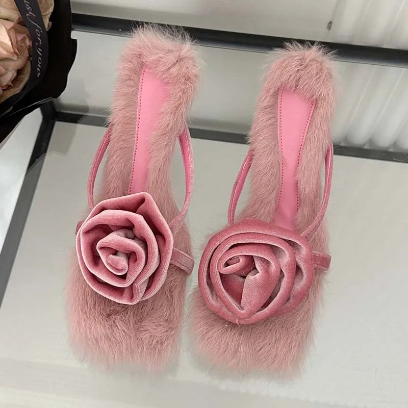 Corduroy Faux Fur Slippers Square Toe Highs Slides Outdoor Banquet Shoes Low Heel Pumps