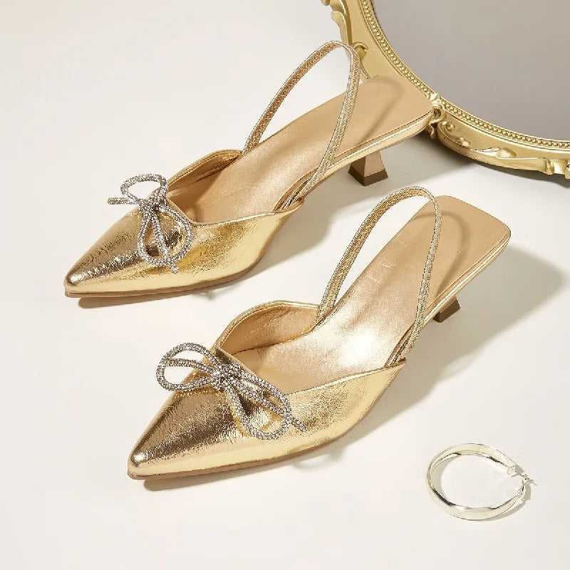 Bowknot Thin Gladiator Slingbacks Party Pointed Toe Prom Shoes Low Heel Pumps