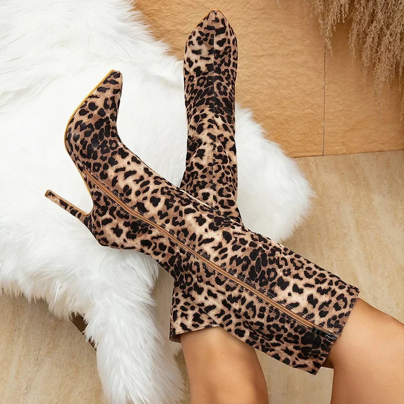 Design Pointed Toe Thin Heels Leopard Print Zipper Knee High Boots