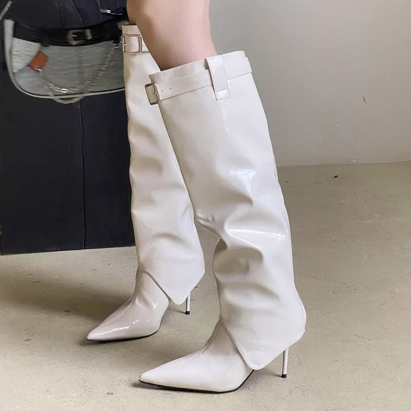 Designer Patent Leather Thin Heels Long Belt Buckle Stripper Knee High Boots