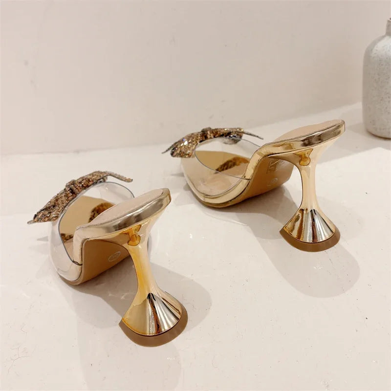 Elegant Glitter Peep Toe Slippers PVC Transparent High Banquet Party Mule Shoes Low Heel Pumps