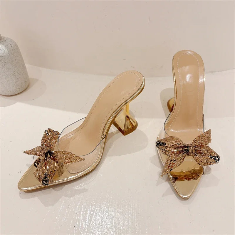 Elegant Glitter Peep Toe Slippers PVC Transparent High Banquet Party Mule Shoes Low Heel Pumps