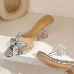Elegant Glitter Peep Toe Slippers PVC Transparent High Banquet Party Mule Shoes Low Heel Pumps