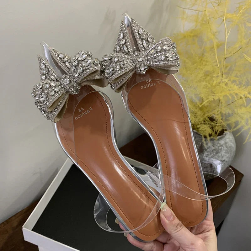 Elegant PVC Transparent Sequined Bowknot High Party Prom Shoes Low Heel Pumps