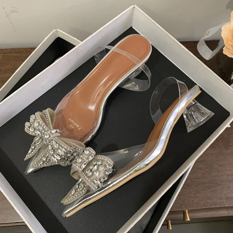 Elegant PVC Transparent Sequined Bowknot High Party Prom Shoes Low Heel Pumps