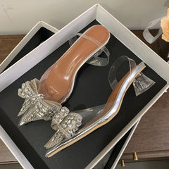 Elegant PVC Transparent Sequined Bowknot High Party Prom Shoes Low Heel Pumps