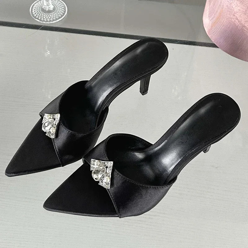 Diamond Slippers Pointed Toe Slides Sandals Low Heel Pumps
