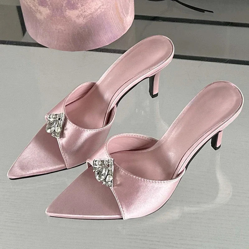 Diamond Slippers Pointed Toe Slides Sandals Low Heel Pumps