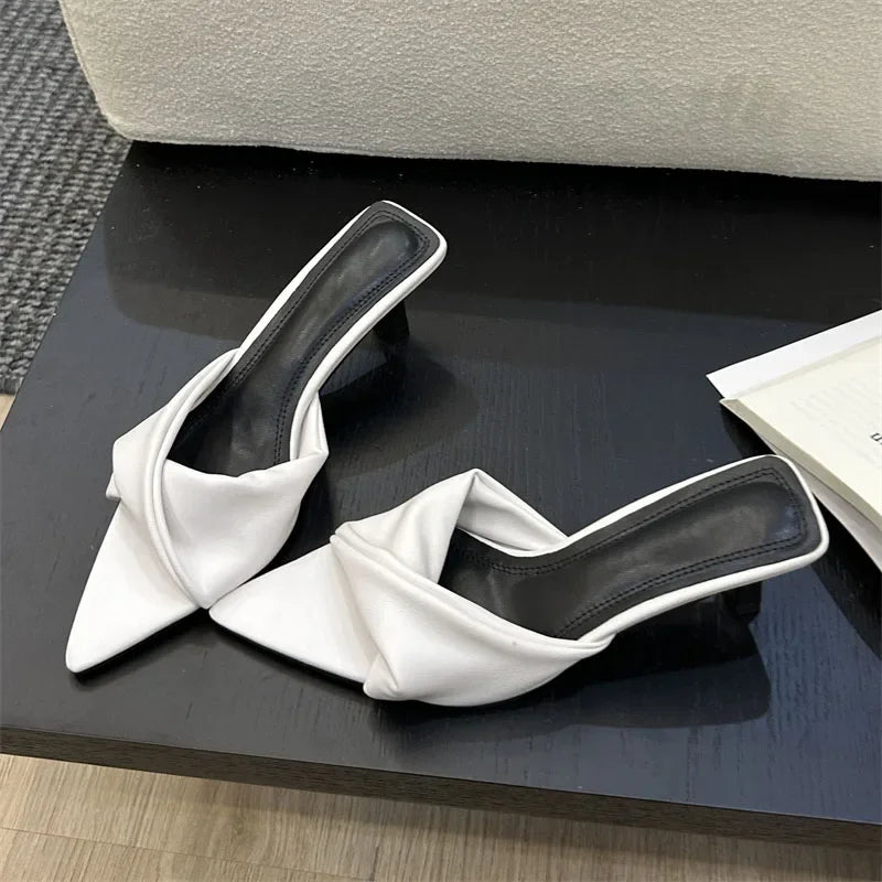 Design Pleated Pointed Toe Slippers Elegant Thin Slide Shoes Low Heel Pumps