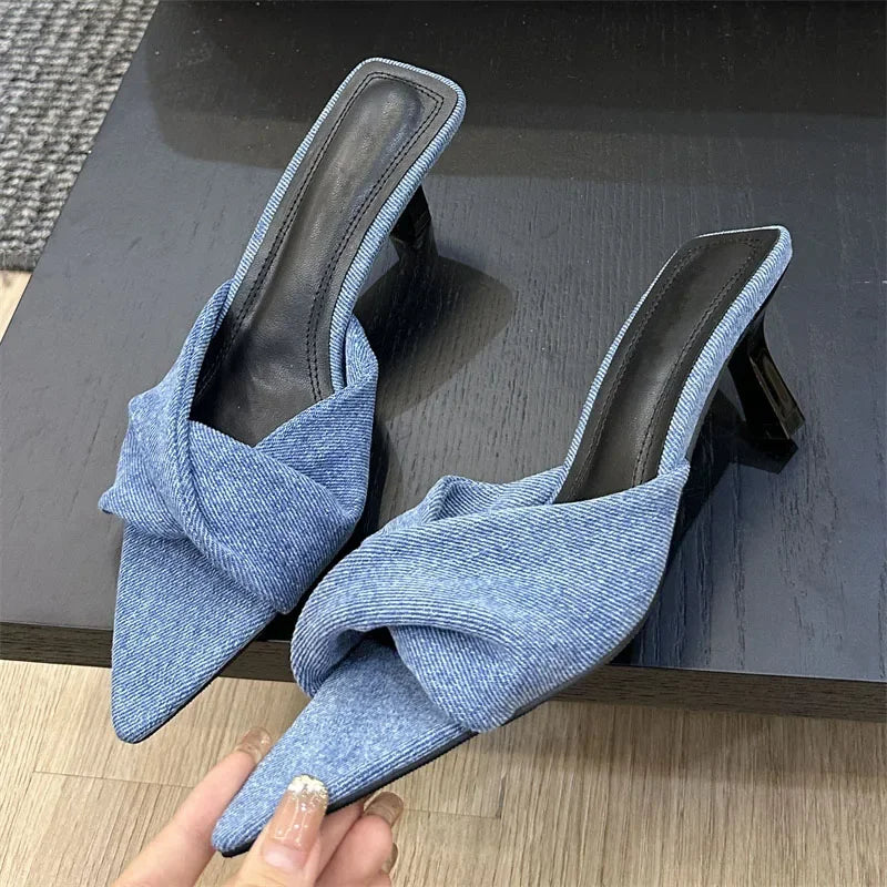 Design Pleated Pointed Toe Slippers Elegant Thin Slide Shoes Low Heel Pumps