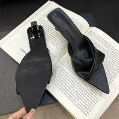 Design Pleated Pointed Toe Slippers Elegant Thin Slide Shoes Low Heel Pumps