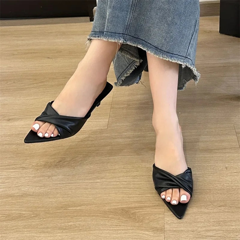 Design Pleated Pointed Toe Slippers Elegant Thin Slide Shoes Low Heel Pumps