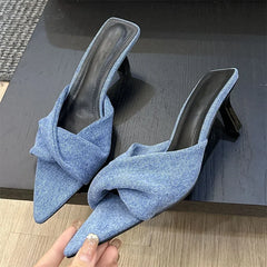 Design Pleated Pointed Toe Slippers Elegant Thin Slide Shoes Low Heel Pumps