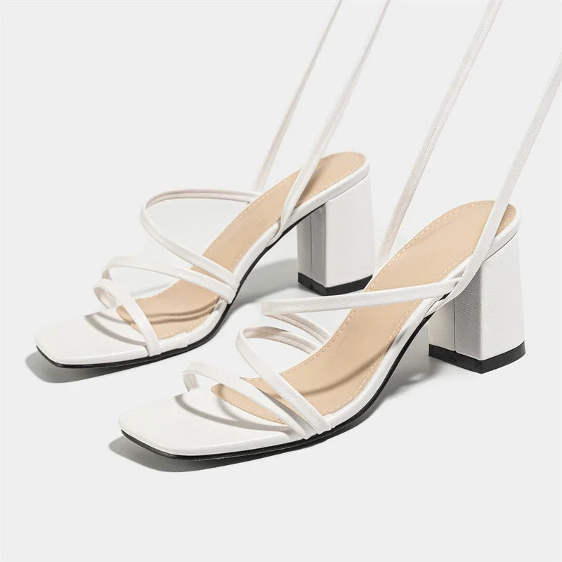 Narrow Band Ankle Cross-Strap Women's Square Toe Highs Party Shoes Low Heel Pumps