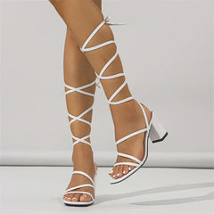 Narrow Band Ankle Cross-Strap Women's Square Toe Highs Party Shoes Low Heel Pumps