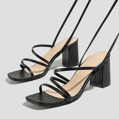 Narrow Band Ankle Cross-Strap Women's Square Toe Highs Party Shoes Low Heel Pumps