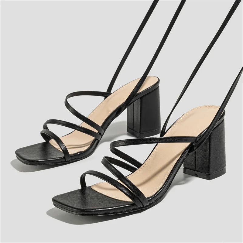 Narrow Band Ankle Cross-Strap Women's Square Toe Highs Party Shoes Low Heel Pumps