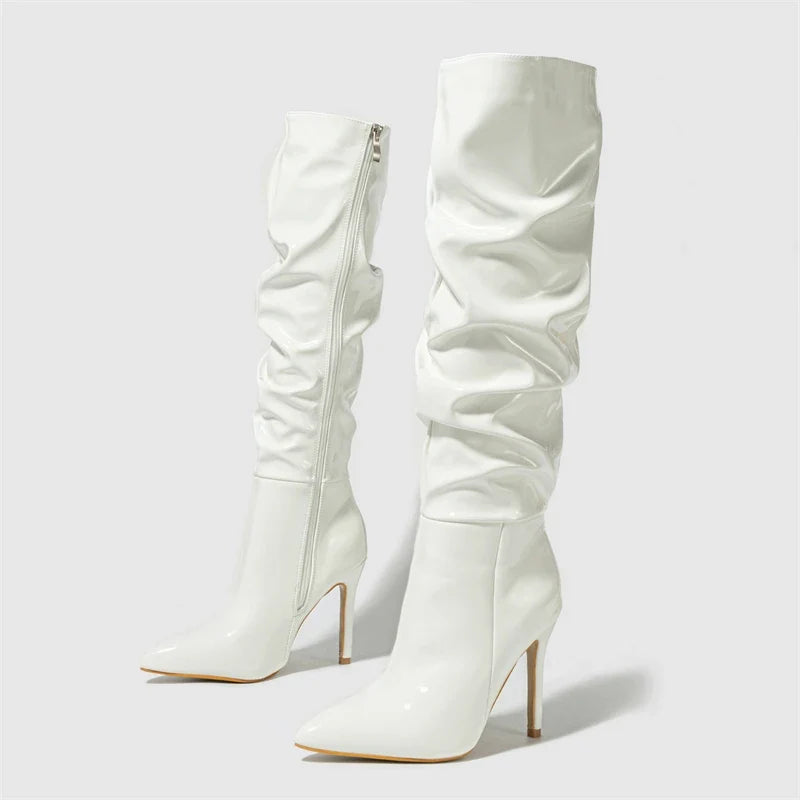 Patent Leather Pointed Toe Thin Heels Zipper Long Knee High Boots