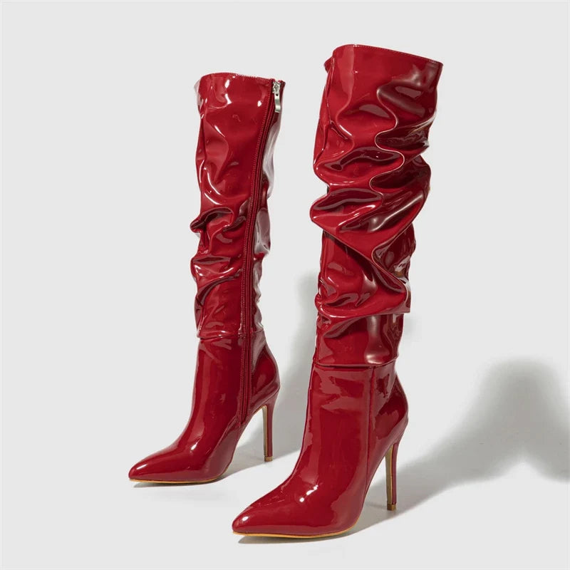 Patent Leather Pointed Toe Thin Heels Zipper Long Knee High Boots