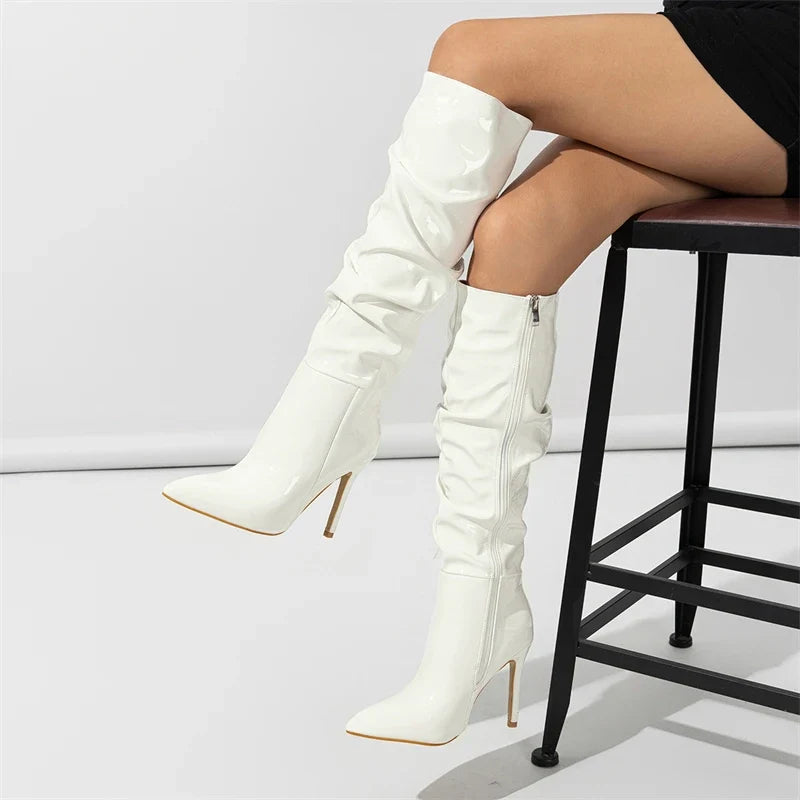 Patent Leather Pointed Toe Thin Heels Zipper Long Knee High Boots
