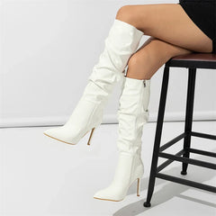 Patent Leather Pointed Toe Thin Heels Zipper Long Knee High Boots