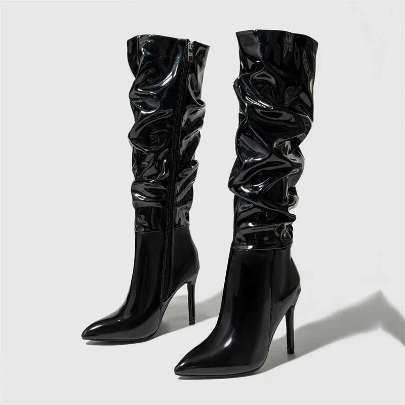 Patent Leather Pointed Toe Thin Heels Zipper Long Knee High Boots
