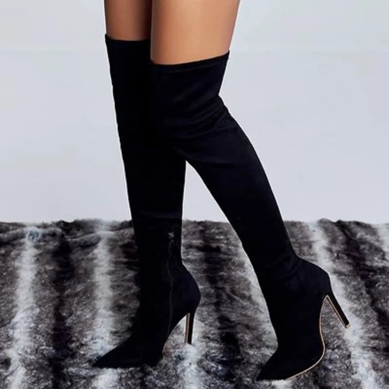 Pointed Toe Thin Heels Flock Thigh Long Autumn Knee High Boots