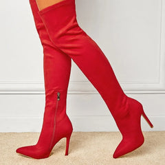 Pointed Toe Thin Heels Flock Thigh Long Autumn Knee High Boots