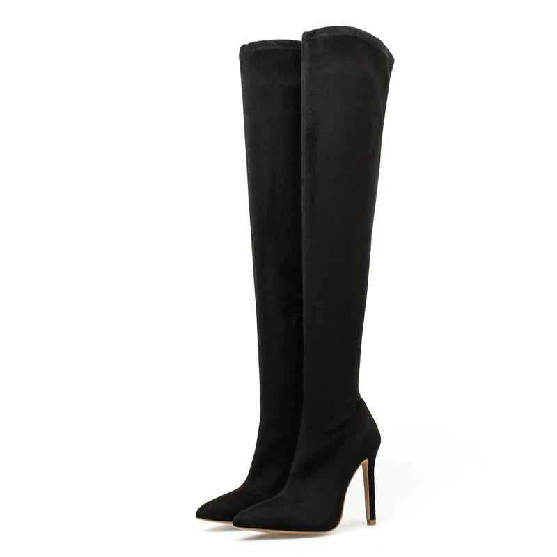 Pointed Toe Thin Heels Flock Thigh Long Autumn Knee High Boots