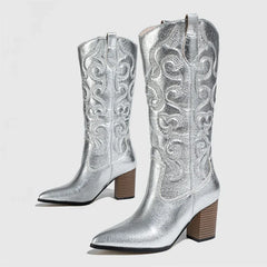 Pointed Toe Western Embroidery Square Heels Autumn Knee High Boots