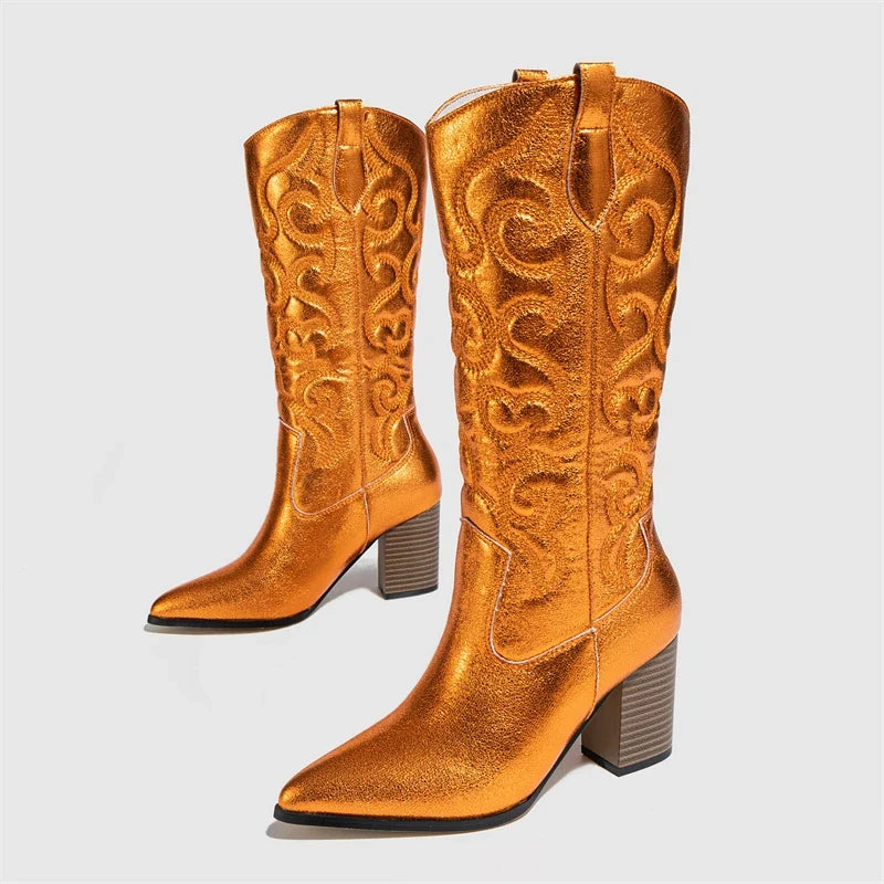 Pointed Toe Western Embroidery Square Heels Autumn Knee High Boots
