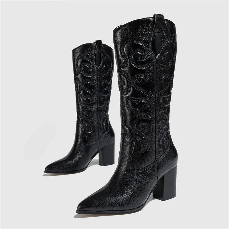 Pointed Toe Western Embroidery Square Heels Autumn Knee High Boots