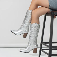 Pointed Toe Western Embroidery Square Heels Autumn Knee High Boots