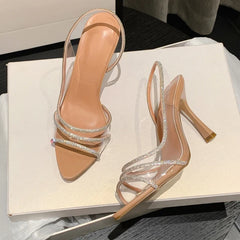 Slingback Highs Rhinestones Elegant Pointed Toe Transparent PVC Party Shoes Low Heel Pumps