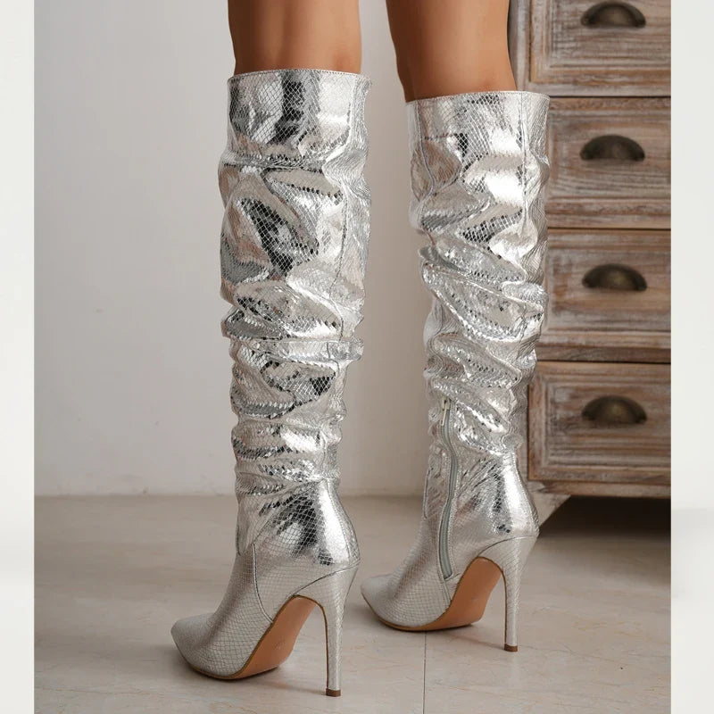 Silver Pointed Toe Thin Heels Long Side Zipper Knee High Boots
