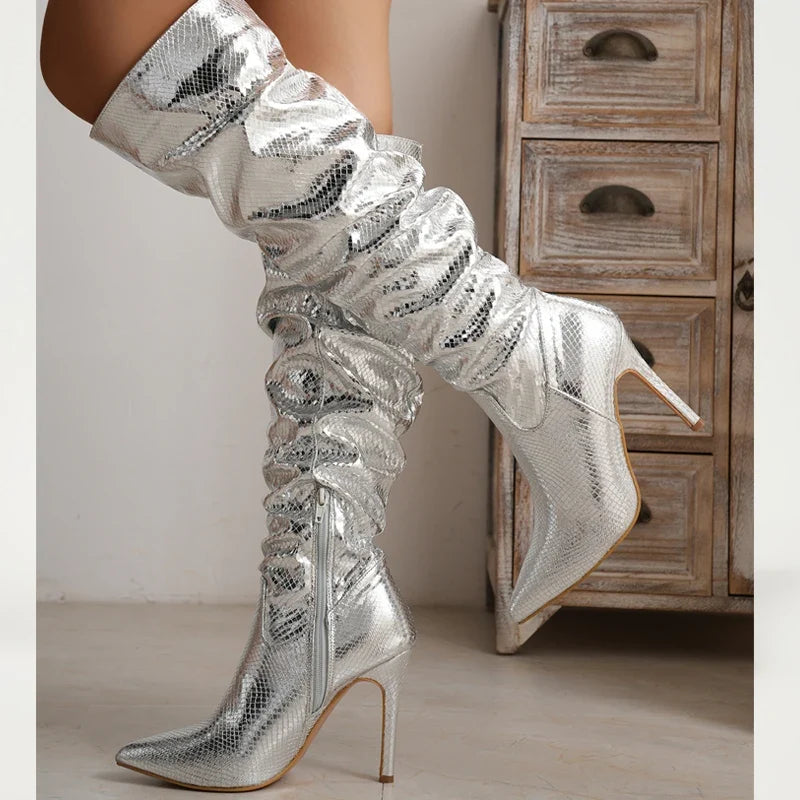 Silver Pointed Toe Thin Heels Long Side Zipper Knee High Boots