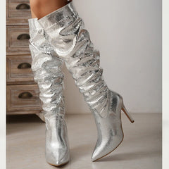 Silver Pointed Toe Thin Heels Long Side Zipper Knee High Boots