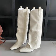 Wedges Heels Pleated Pointed Toe Design Style Knee High Boots