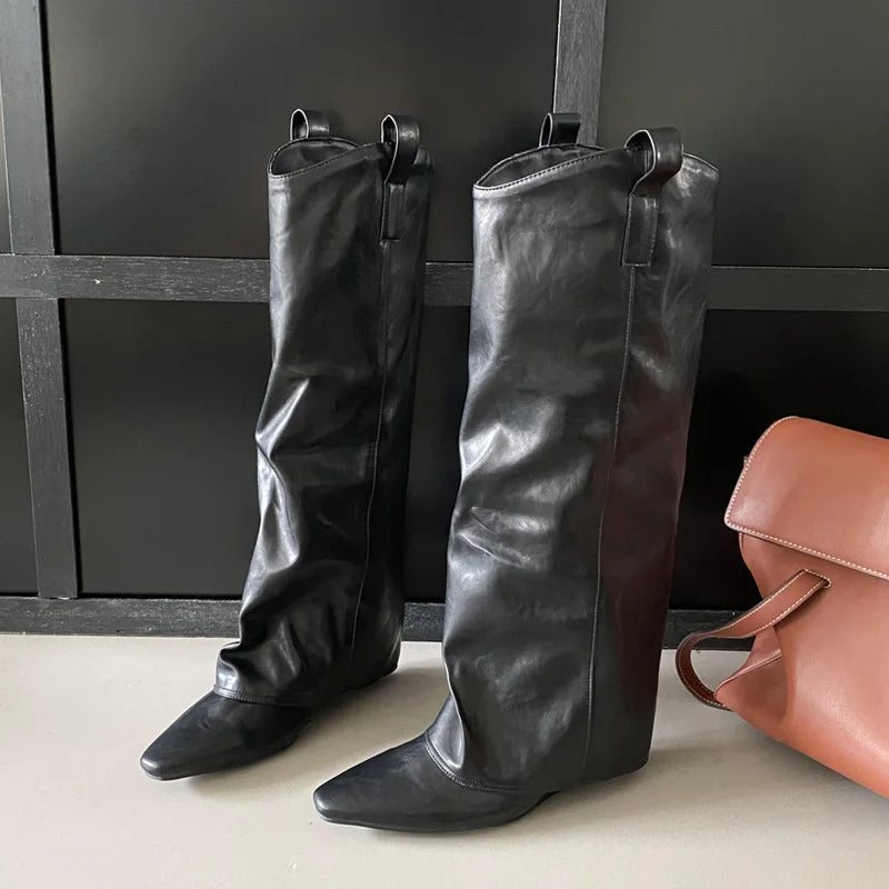 Wedges Heels Pleated Pointed Toe Design Style Knee High Boots