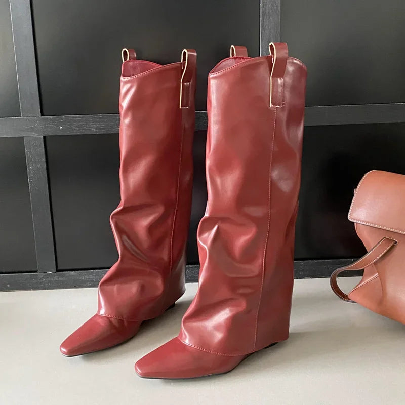 Wedges Heels Pleated Pointed Toe Design Style Knee High Boots
